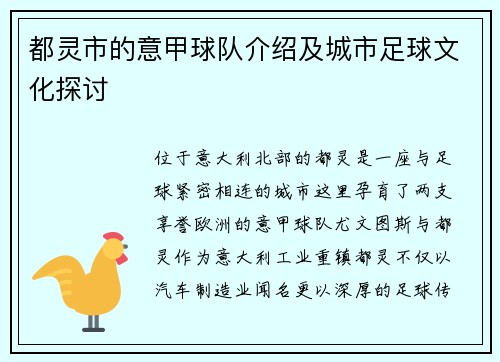 都灵市的意甲球队介绍及城市足球文化探讨